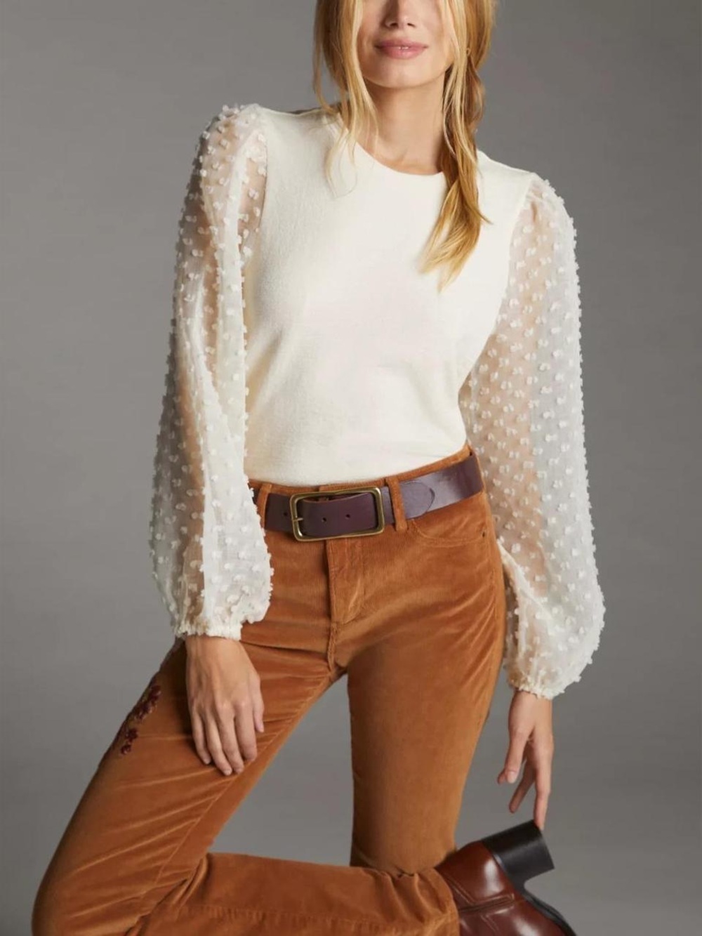 NWOT Maeve by Anthropologie Cream Top with Sheer Dot Sleeves